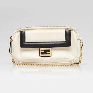 Fendi White/Black Leather Easy 2 Baguette Crossbody Bag 8BS044